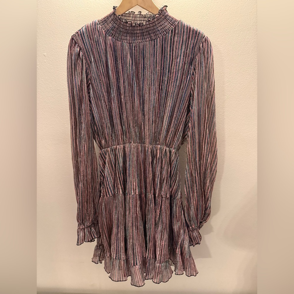 OPT Lluvia Smocked Neck Long Sleeve Metallic Rainbow Striped Mini Dress Large